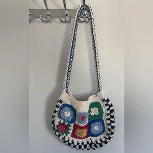 Multicolor Crochet Shoulder Bag grannycore patchwork style purse 70’s style